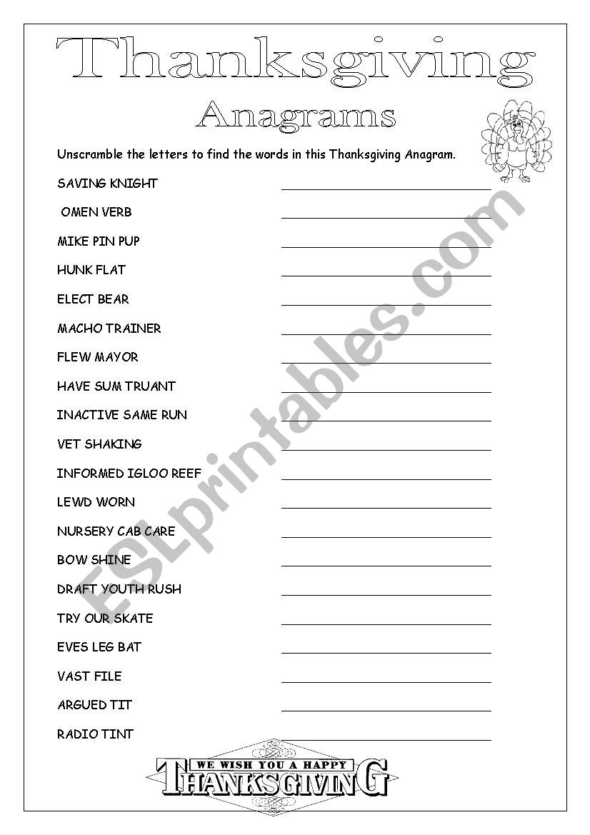 Thanksgiving Anagrams - Esl Worksheetloretta01 with regard to Thanksgiving Anagrams Worksheet Answers