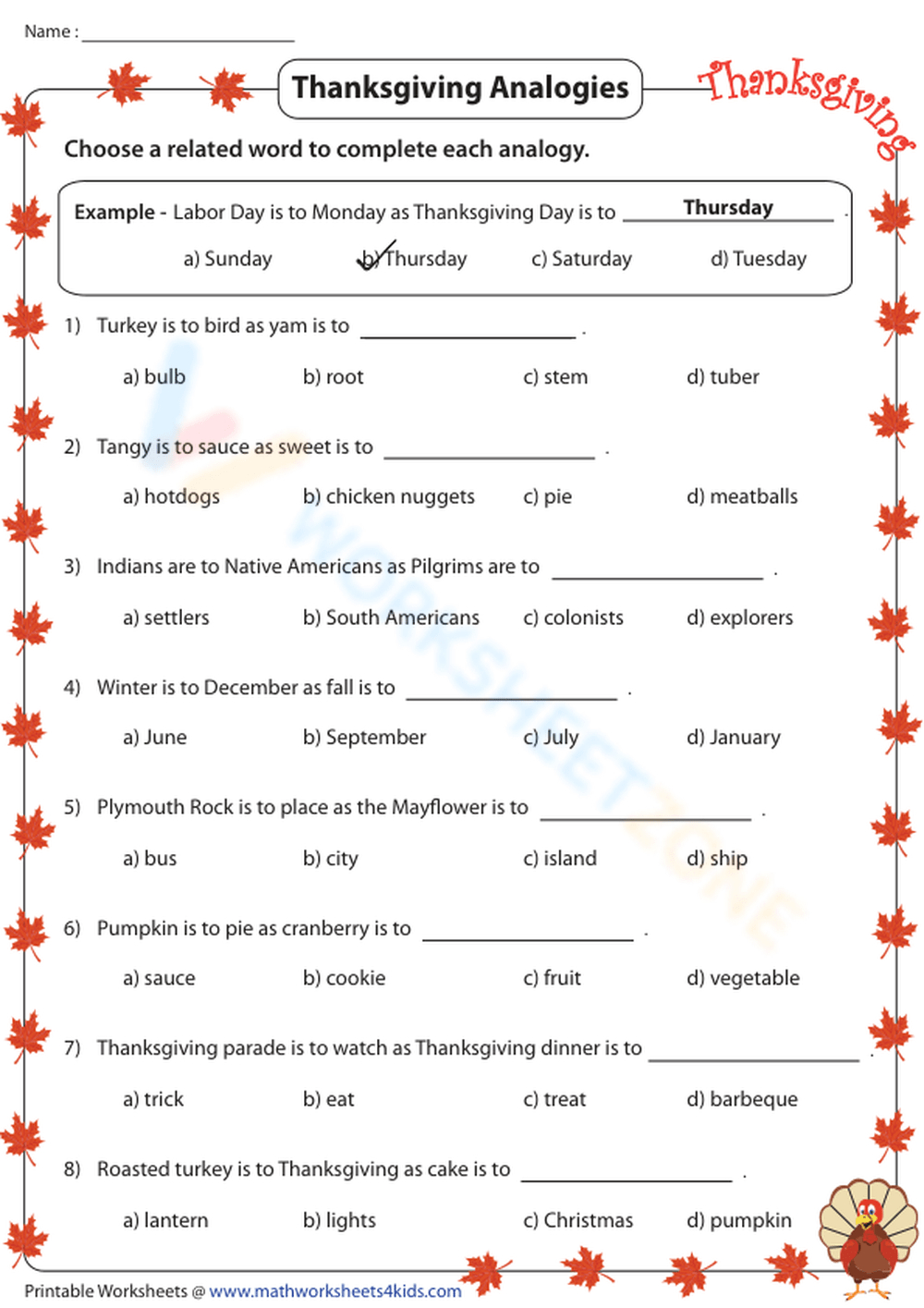 Thanksgiving Analogies: Festive &amp;amp; Fun Worksheet! Worksheet for Thanksgiving Analogies Worksheet Answer Key