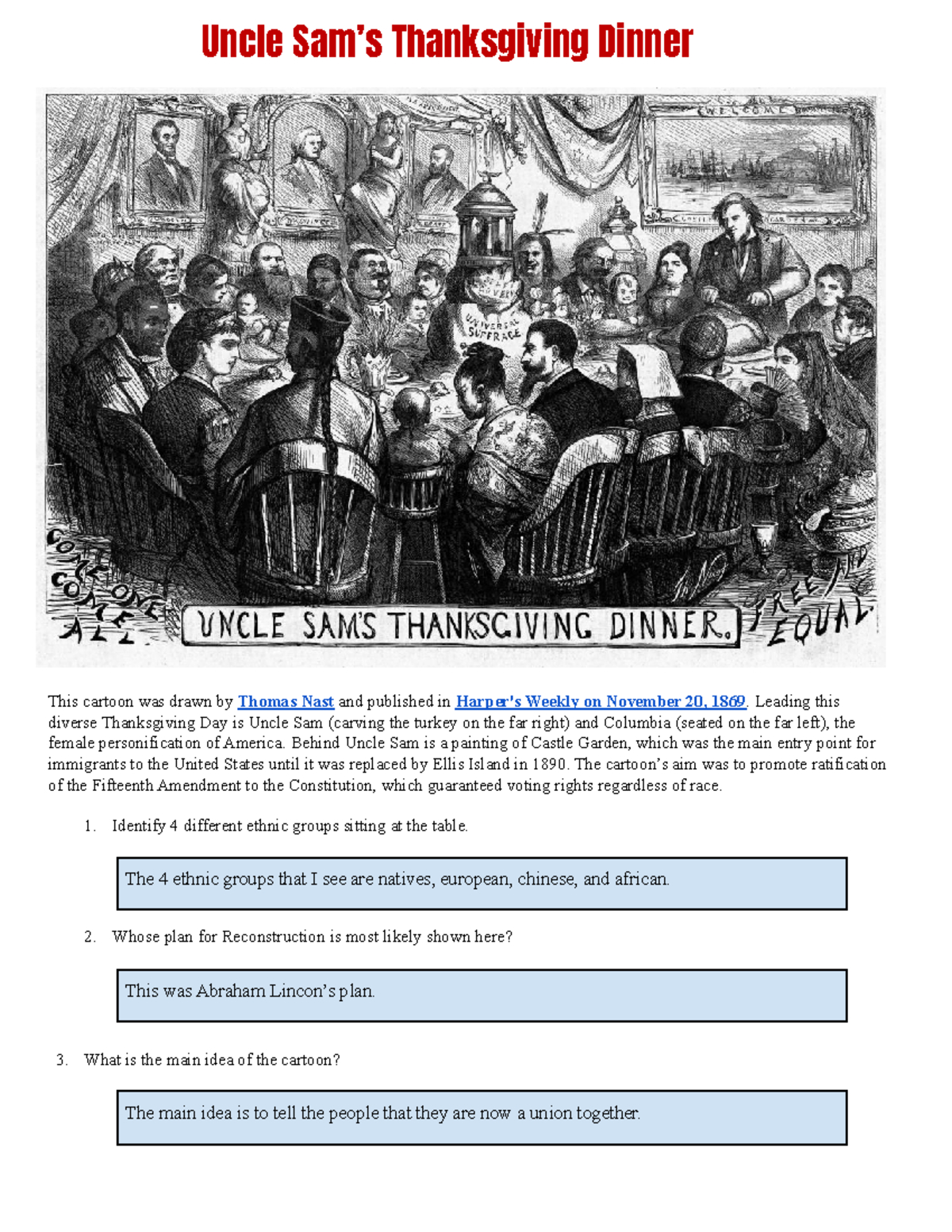 Thanksgiving Cartoon Analysis: Ethnic Unity &amp;amp; Controversies In regarding Uncle Sams Thanksgiving Dinner Worksheet Answers