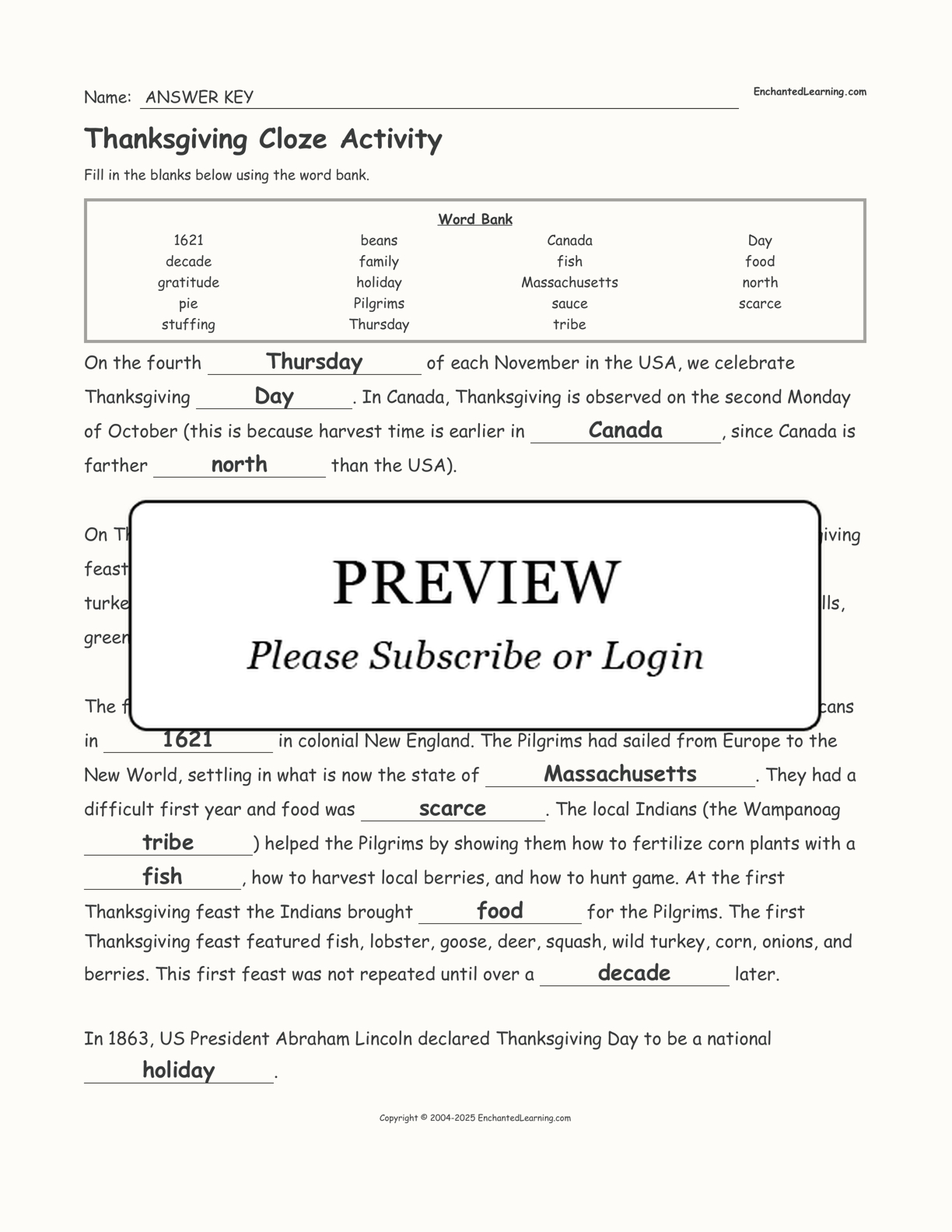 Thanksgiving Cloze Activity - Enchanted Learning inside Thanksgiving Cloze Worksheets