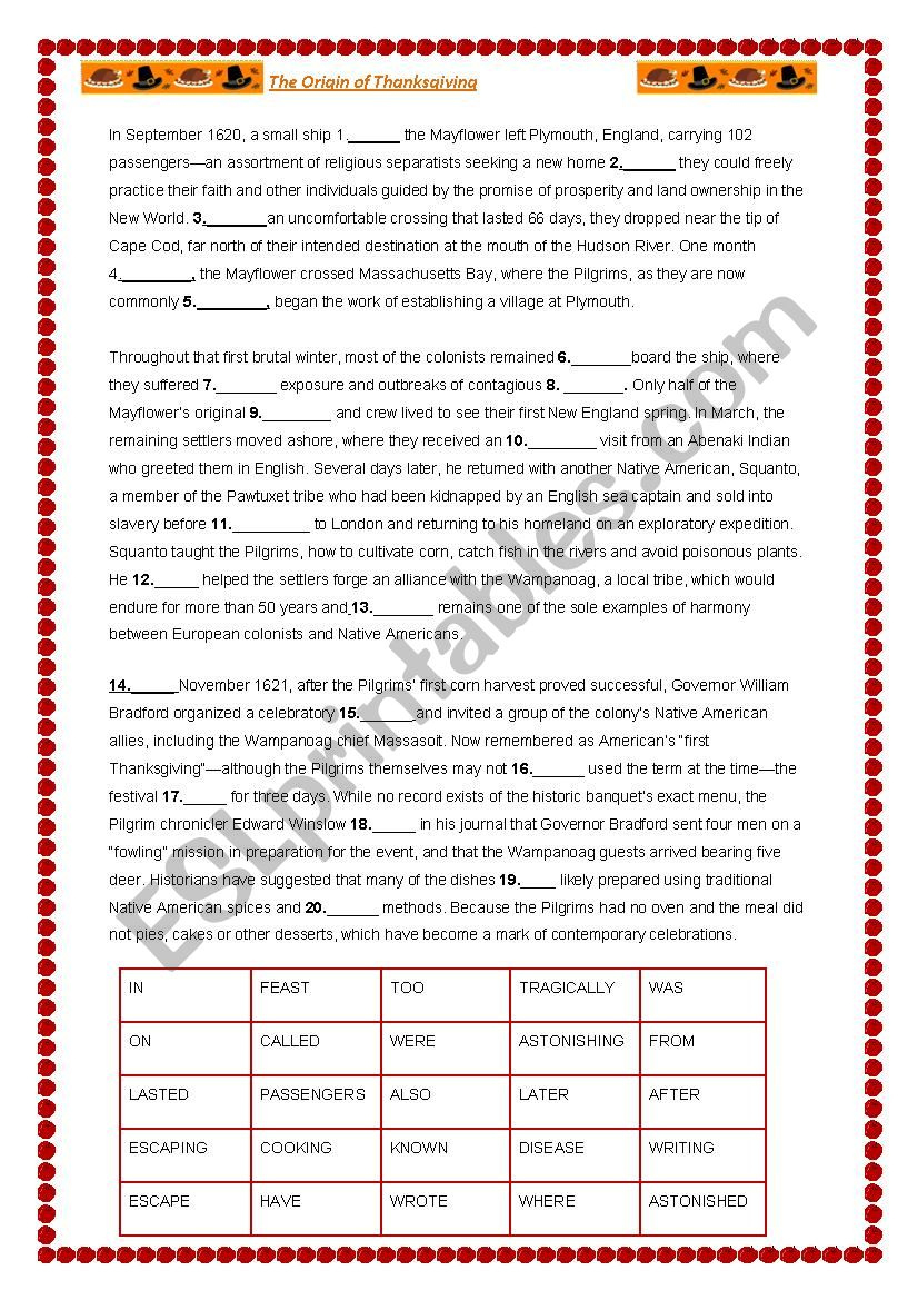 Thanksgiving Cloze Text - Esl Worksheetalaniss in Thanksgiving Cloze Worksheets