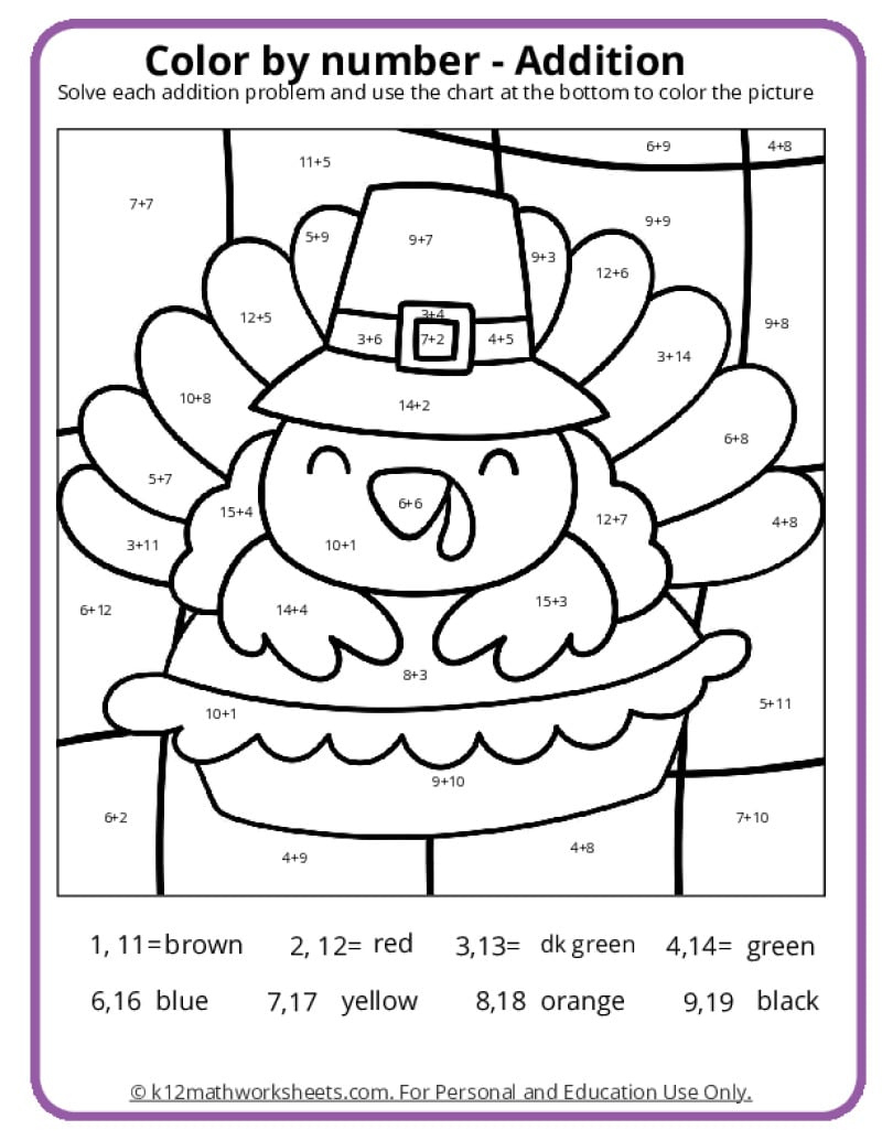 Thanksgiving Colornumber Pages - K12 Math Worksheets with Thanksgiving Math Worksheets 1St Grade