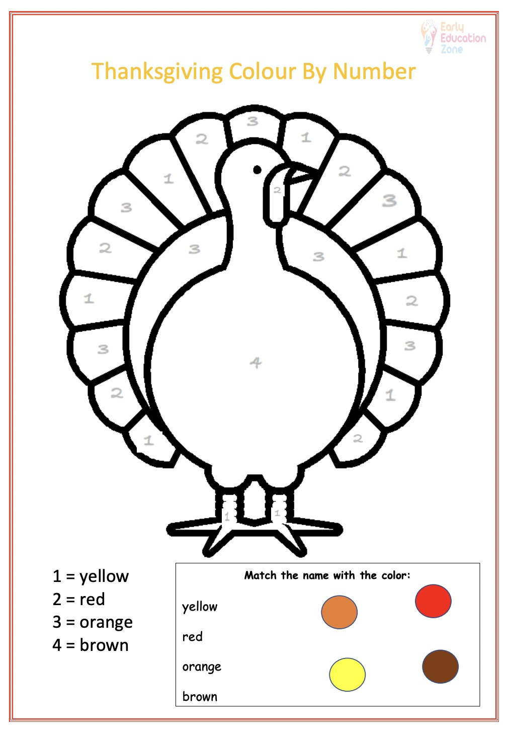 Thanksgiving Colournumber Turkey | Early Education Zone in Thanksgiving Turkey Worksheet