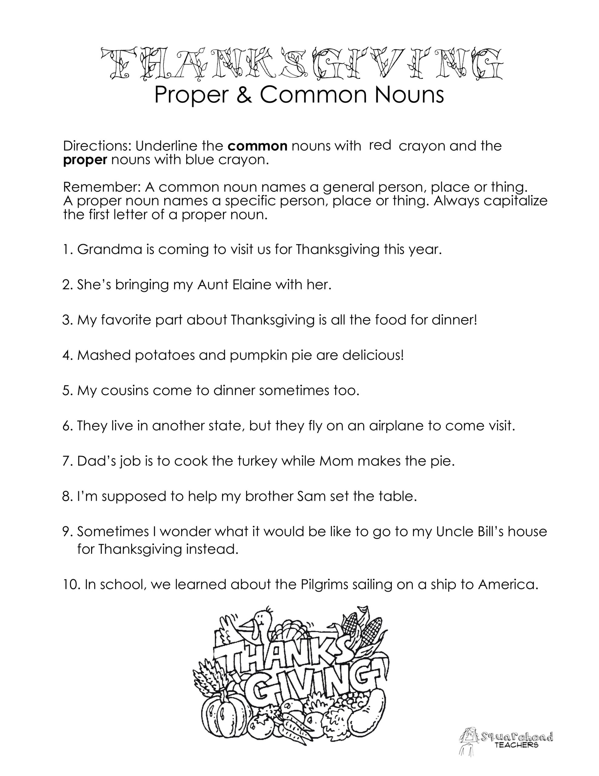 Thanksgiving Common Vs. Proper Nouns Worksheet | Squarehead Teachers within Thanksgiving Nouns Worksheets