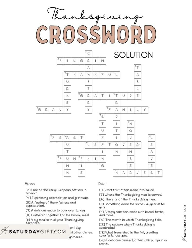 Thanksgiving Crossword Puzzle - Cute &amp;amp; Free Printable | Saturdaygift regarding Thanksgiving Crossword Puzzle Worksheet Answer Key