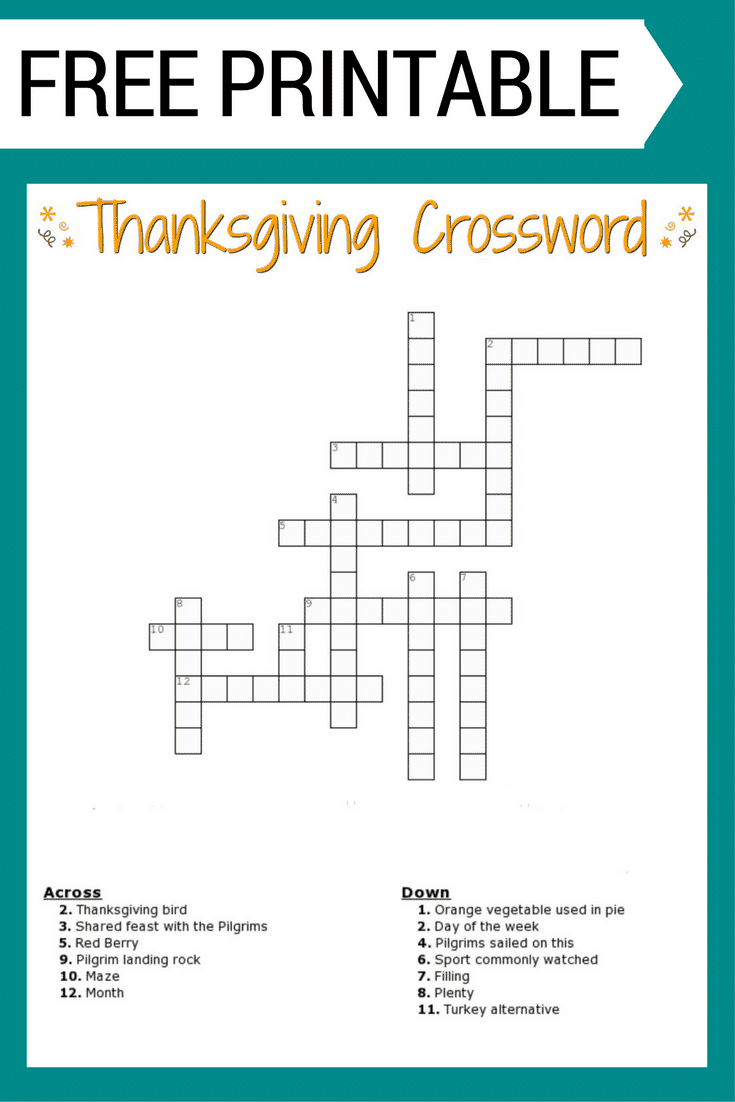 Thanksgiving Crossword Puzzle Free Printable For Kids Or Adults with regard to Thanksgiving Crossword Puzzle Worksheet