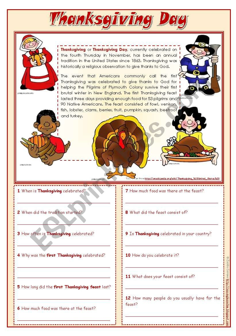 Thanksgiving Day - Reading Comprehension ***Editable - Esl within Thanksgiving Sentences Worksheet
