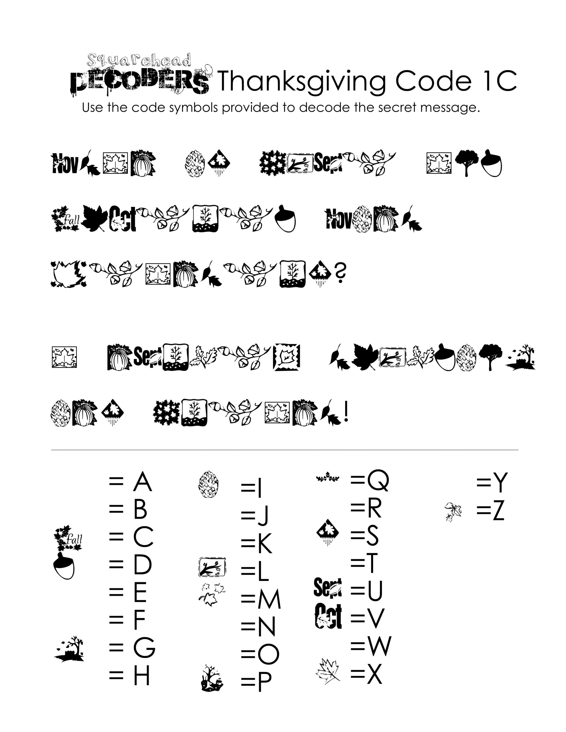Thanksgiving Decoding Worksheets (Free!) | Squarehead Teachers in Thanksgiving Code Worksheet