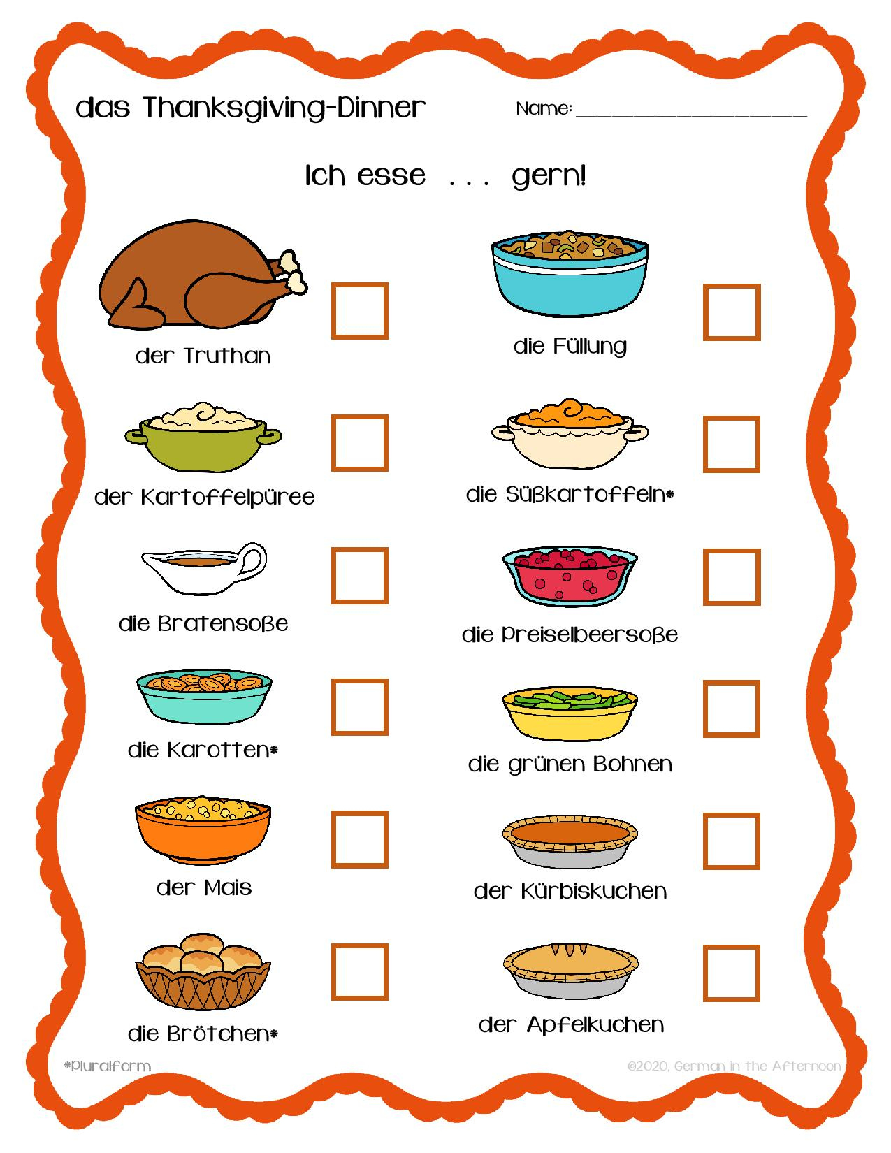 Thanksgiving-Dinner Umfrage / Survey | German In The Afternoon in Thanksgiving Meal Worksheet
