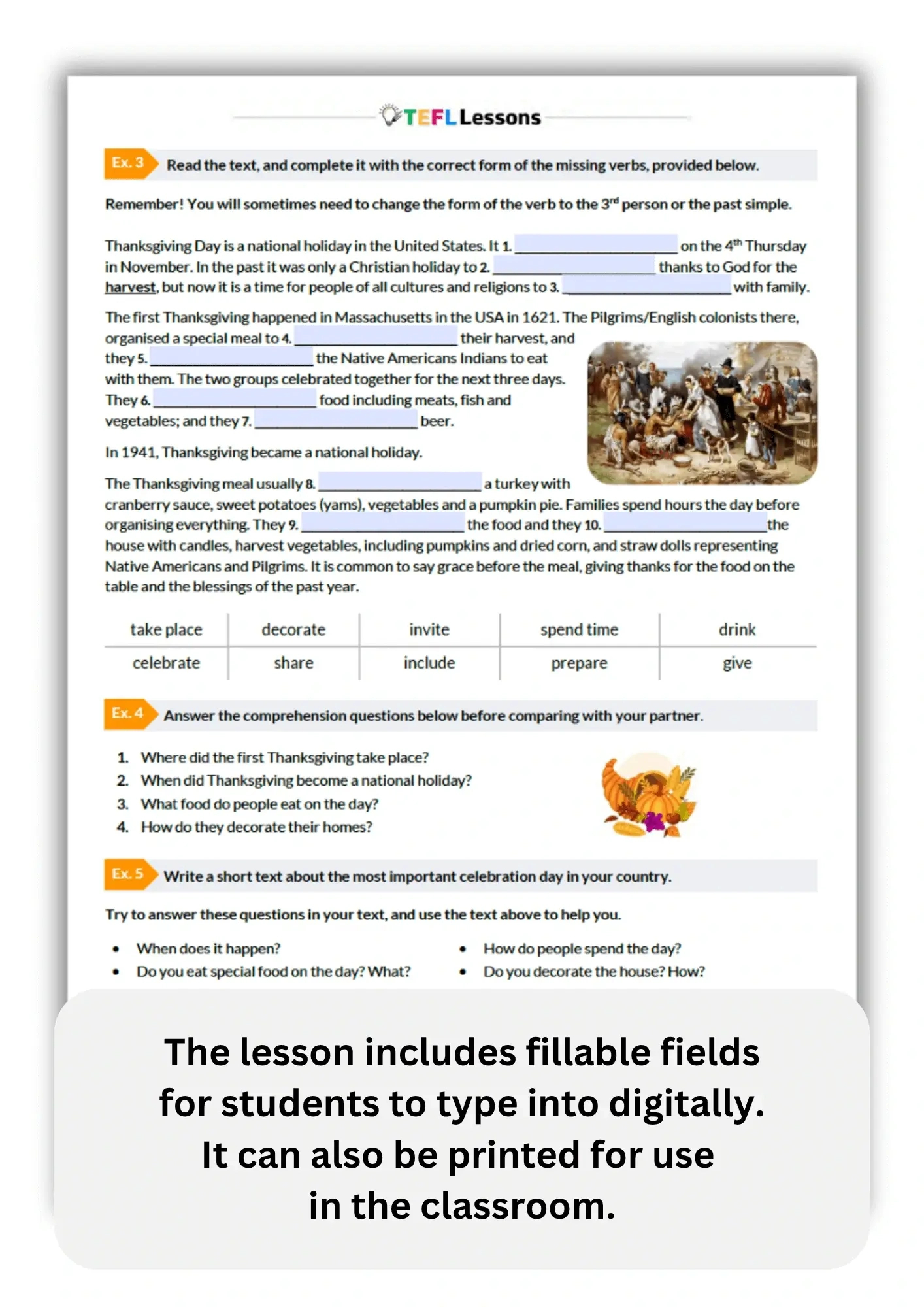 Thanksgiving Esl Worksheet – Free A1 Elementary Lesson - Tefl within Thanksgiving A Day of Thanks Worksheet Answers