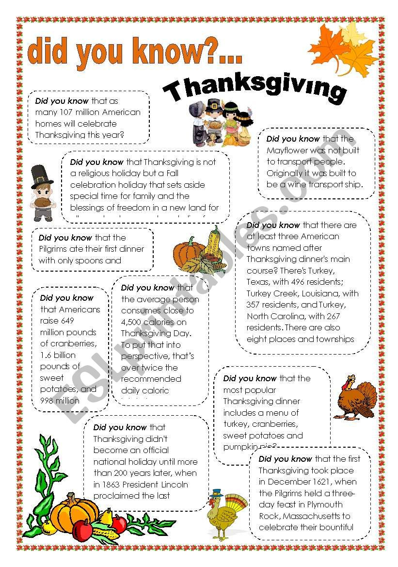 Thanksgiving Facts - Esl Worksheetintothefire inside Thanksgiving Facts Worksheet