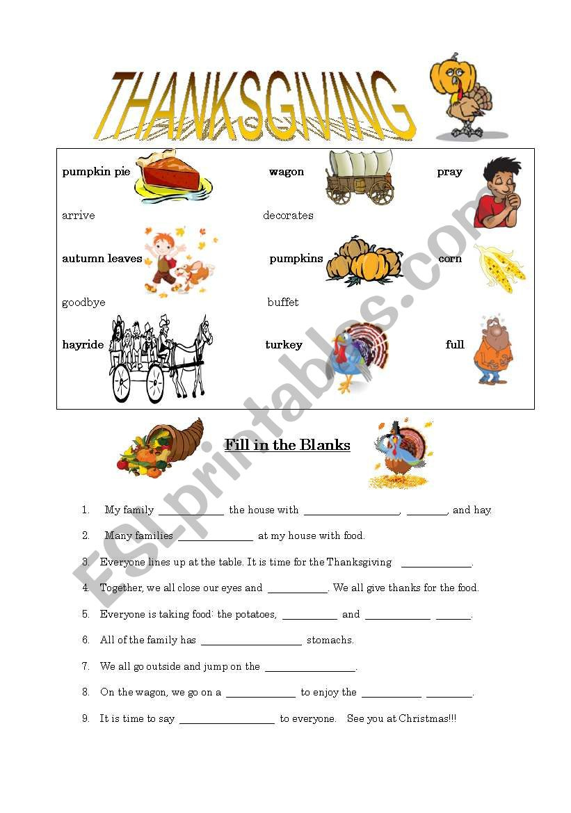 Thanksgiving Fill In The Blanks - Esl Worksheetjbm182 regarding Thanksgiving Fill in the Blank Worksheets