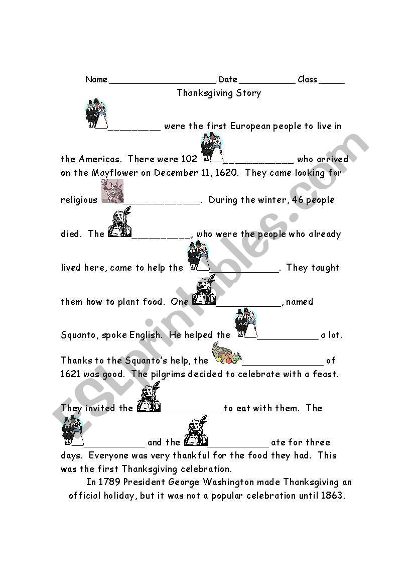 Thanksgiving History Cloze #1 - Esl Worksheetsuperjoy with regard to Thanksgiving Cloze Worksheets
