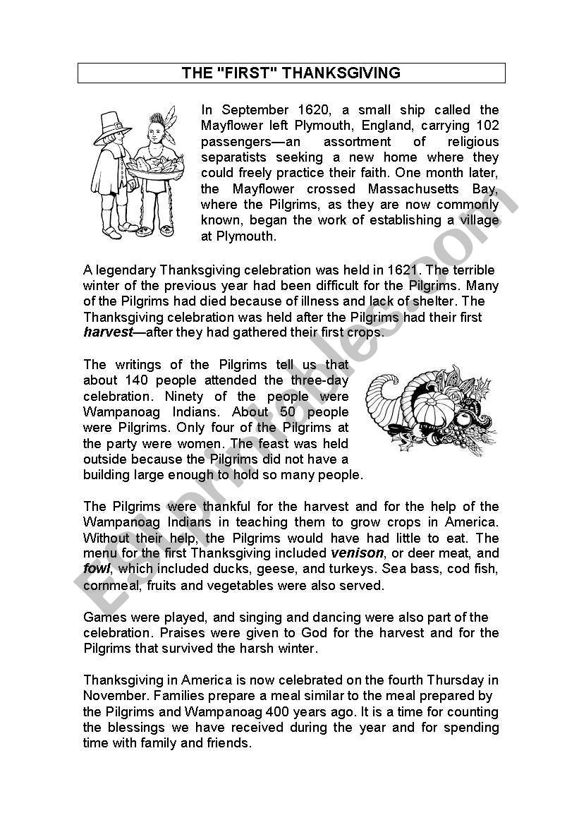 Thanksgiving History Reading Worksheet - Esl Worksheetelena_Rh with The History of Thanksgiving Worksheet Answers