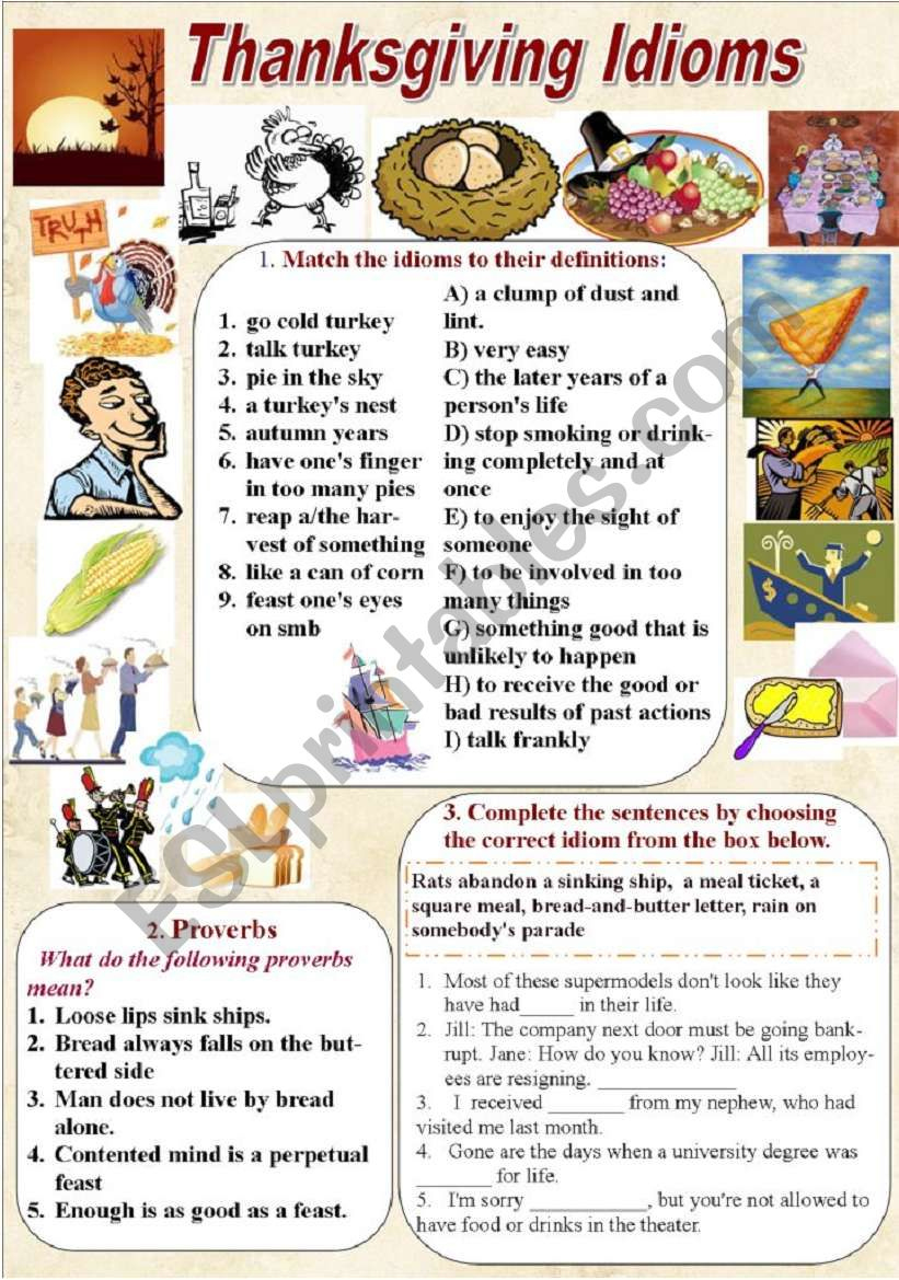 Thanksgiving Idioms And Proverbs (With Keys) - Esl Worksheet for Thanksgiving Idioms Worksheet