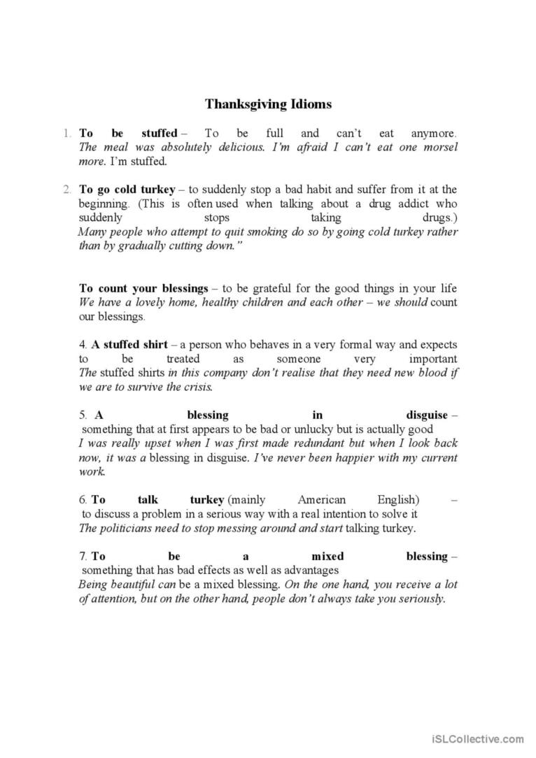 Thanksgiving Idioms: English Esl Worksheets Pdf &amp;amp; Doc intended for Thanksgiving Idioms Worksheet