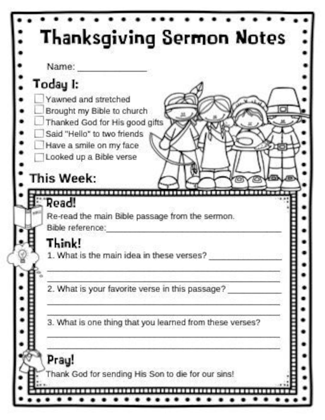 Thanksgiving Kids Sermon Notes, Fall Harvest Bible Study, Kids in Religious Thanksgiving Worksheets