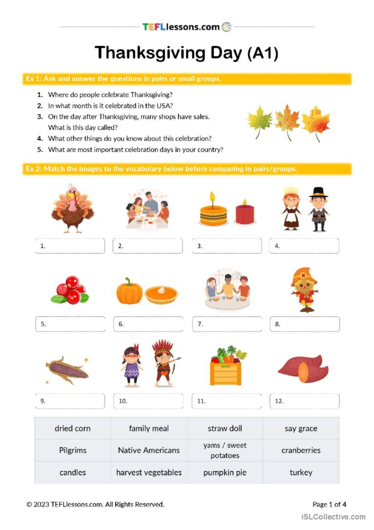 Thanksgiving Lesson (A1 Level) Gener…: English Esl Worksheets Pdf with regard to Thanksgiving ESL Worksheets
