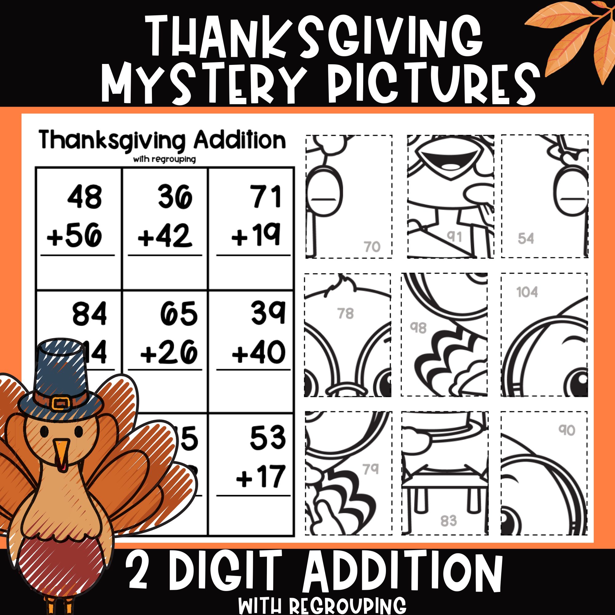 Thanksgiving Math 2 Digit Addition With Regrouping Mystery Pictures in Thanksgiving Mystery Math Picture Worksheet