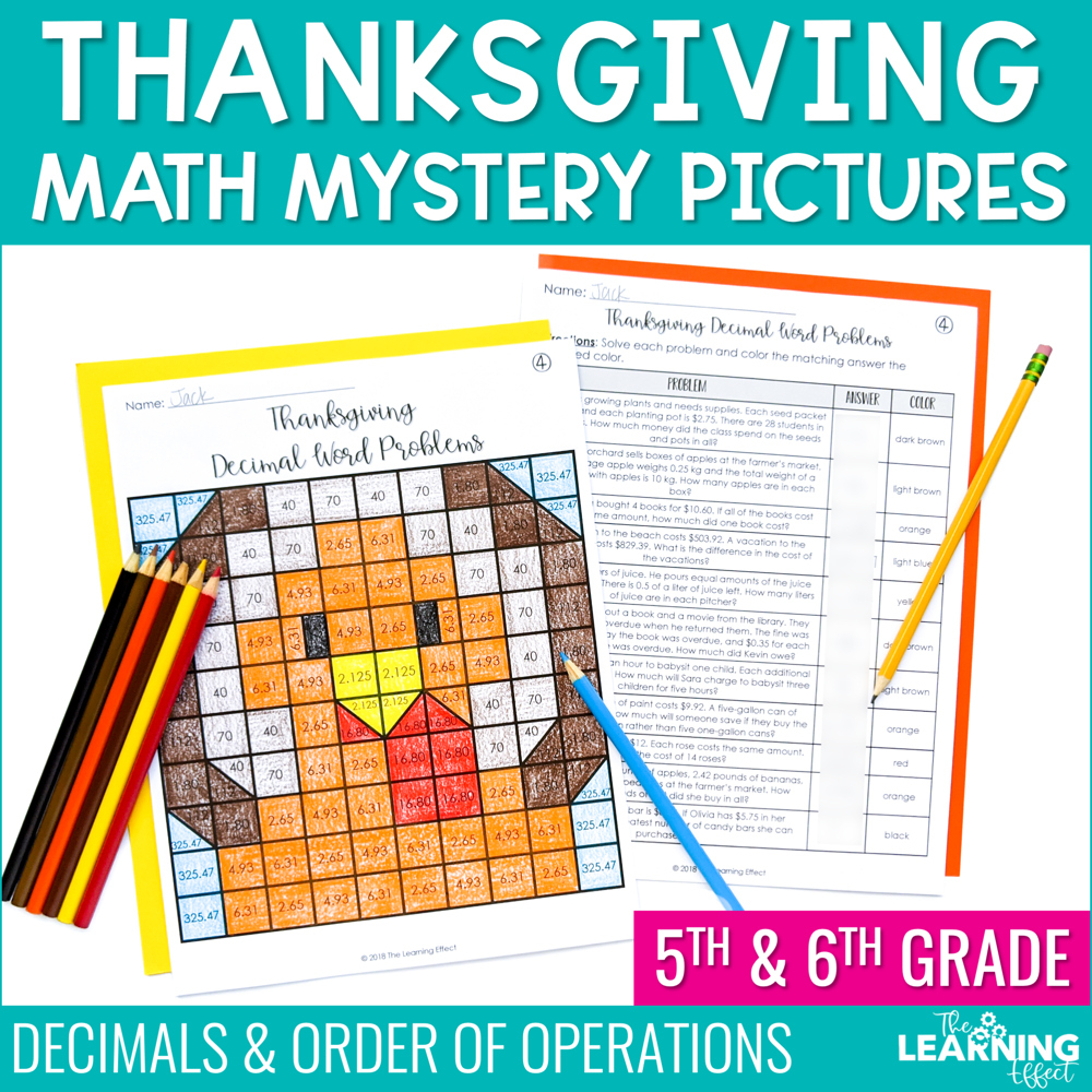 Thanksgiving Math Activities Mystery Picture Worksheets | Decimals in Thanksgiving Decimal Worksheets