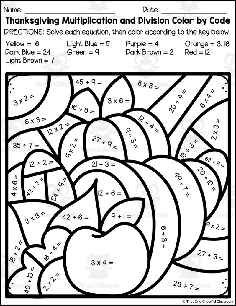 Thanksgiving Multiplication + Division Colorcode intended for Thanksgiving Multiplication Worksheets Coloring