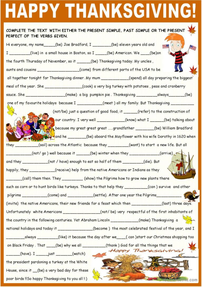 Thanksgiving, Past Present And Prese…: English Esl Worksheets Pdf for Thanksgiving Grammar Worksheets