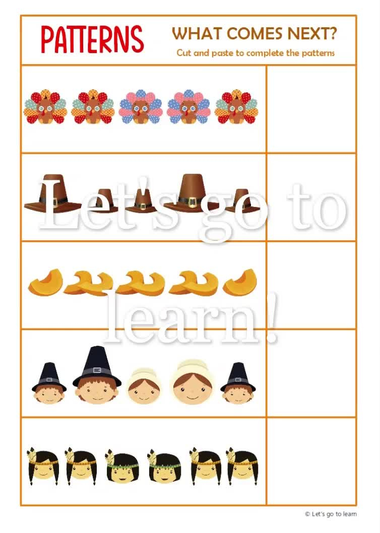 Thanksgiving Pattern Worksheets - What Comes Next Activity - Preschool &amp;amp;  Kindergarten - Homeschool - Busy Book Pages - Educational Printable in Thanksgiving Pattern Worksheets For Preschoolers