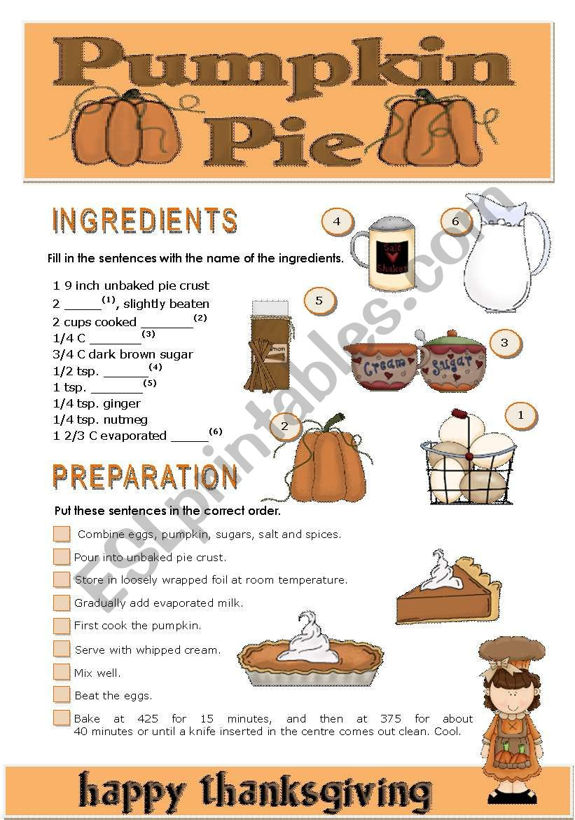 Thanksgiving Pumpkin Pie - Esl Worksheetteresaraiva intended for Thanksgiving and the Pumpkin Pie Worksheet