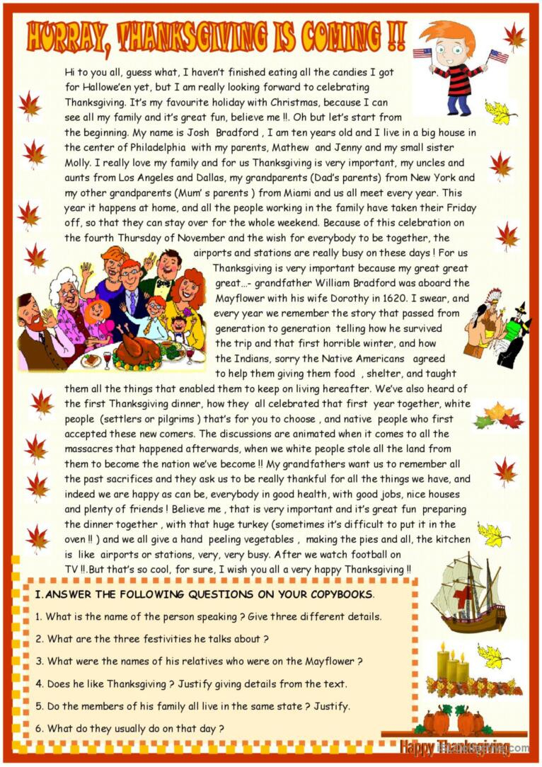 Thanksgiving : Reading Comprehension…: English Esl Worksheets Pdf pertaining to Free Thanksgiving Comprehension Worksheets
