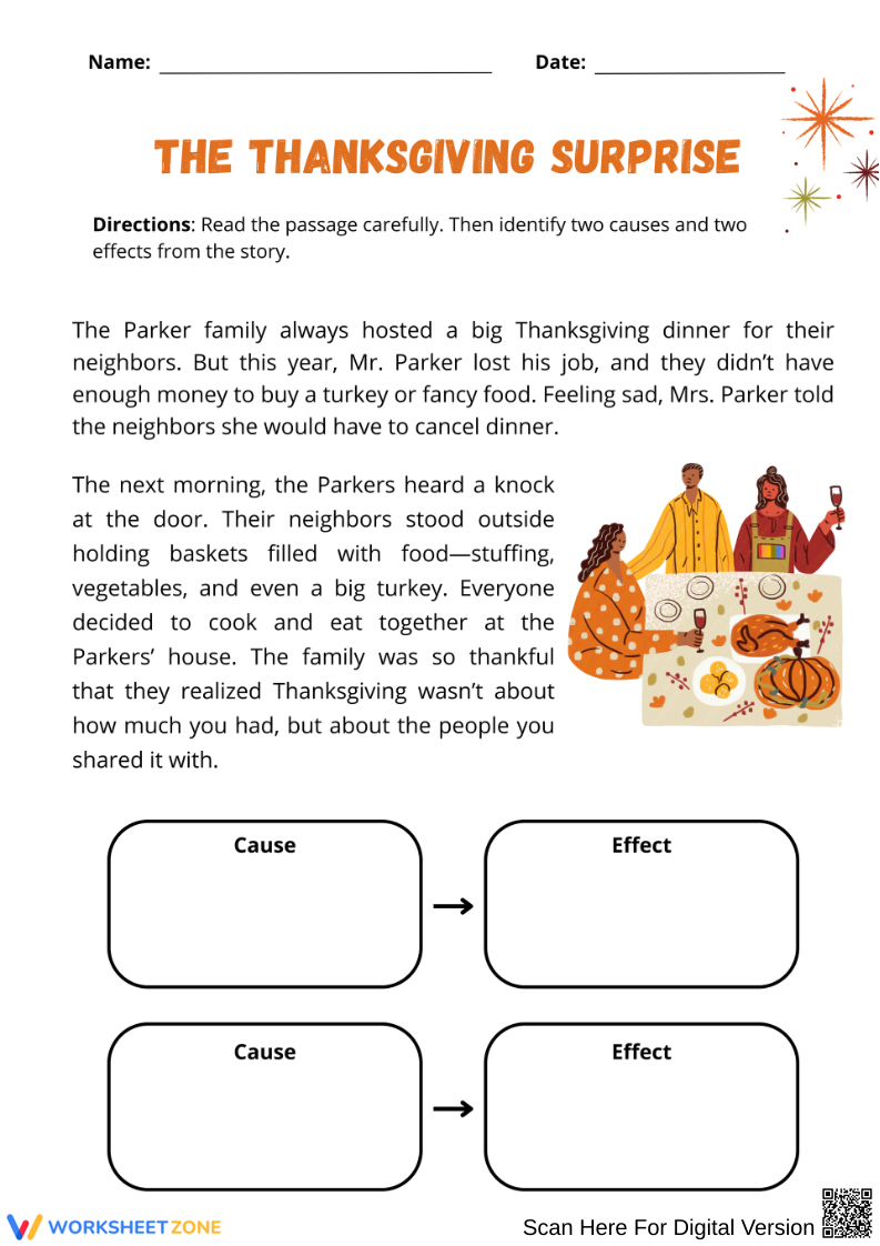 Thanksgiving Reading Comprehension Strategies Worksheets pertaining to Thanksgiving Cause and Effect Worksheets
