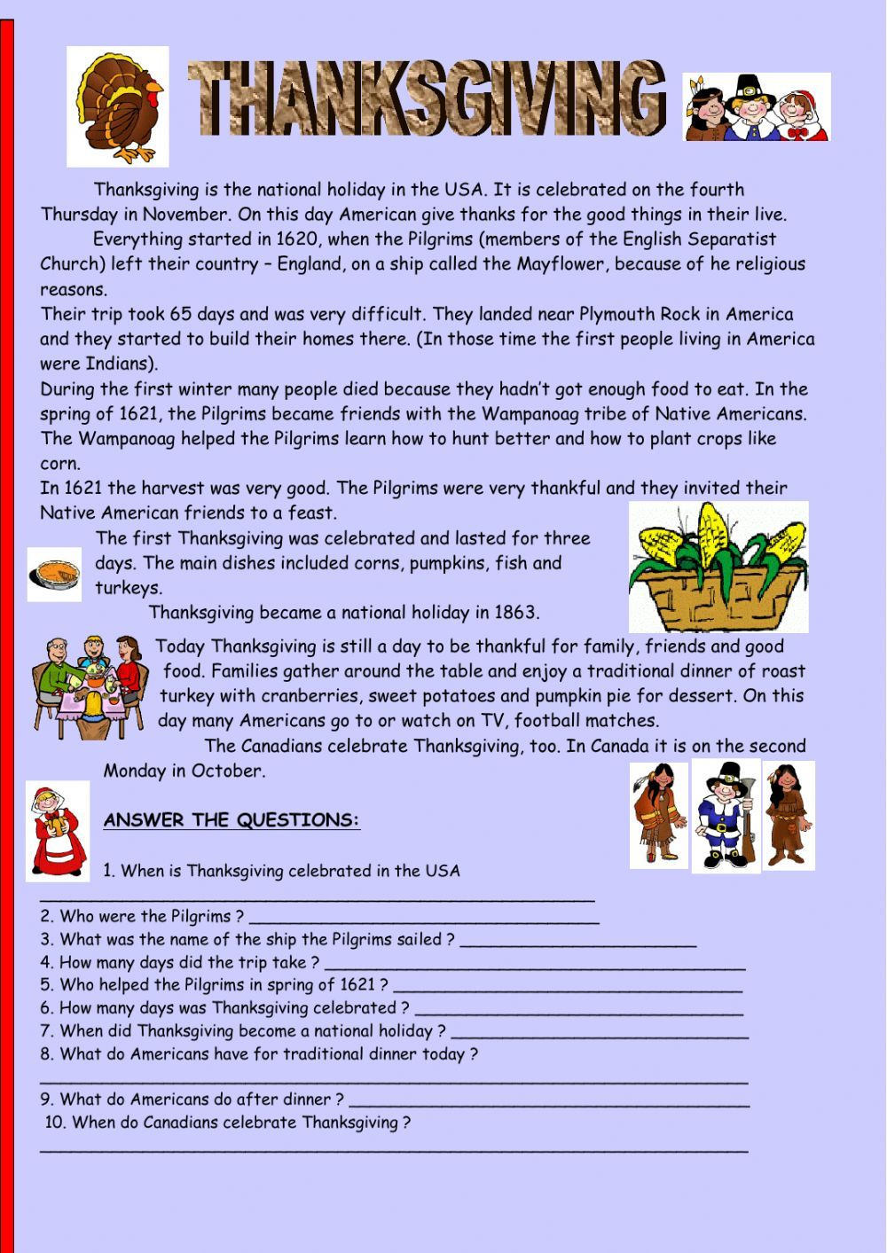 Thanksgiving Reading Comprehension Worksheet intended for Thanksgiving Reading Comprehension Worksheets