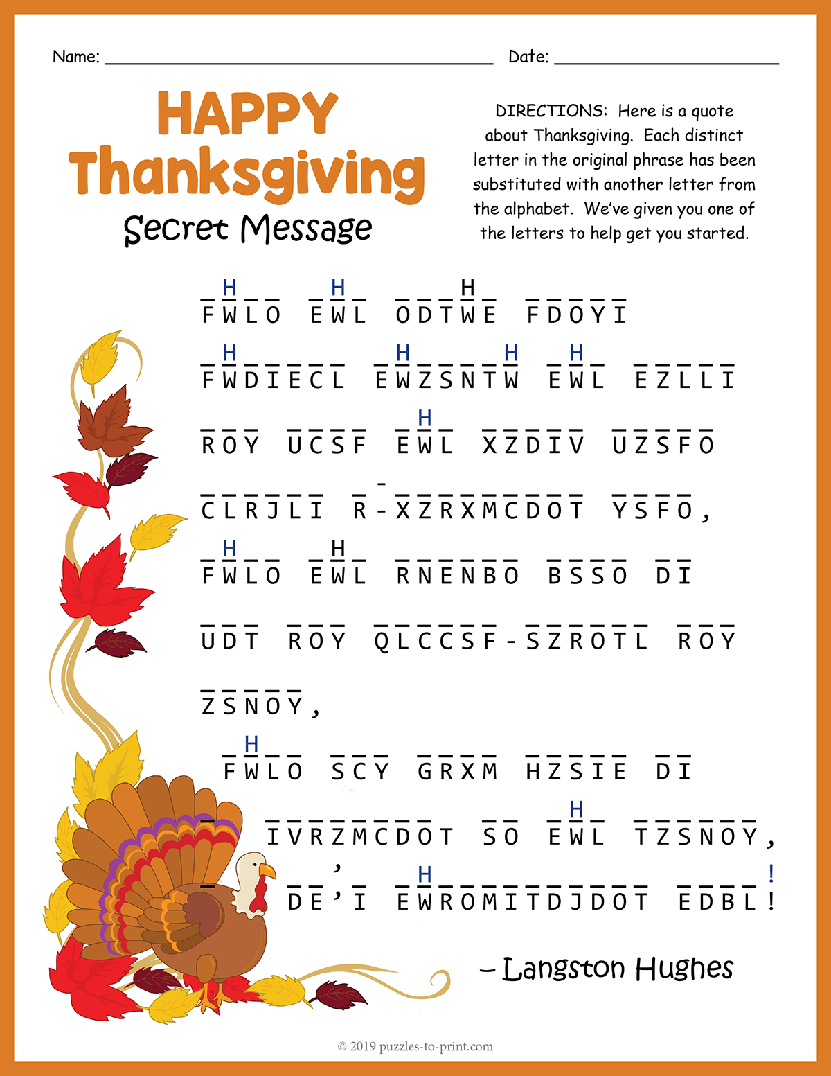 Thanksgiving Secret Message Puzzle inside Thanksgiving Secret Code Worksheets