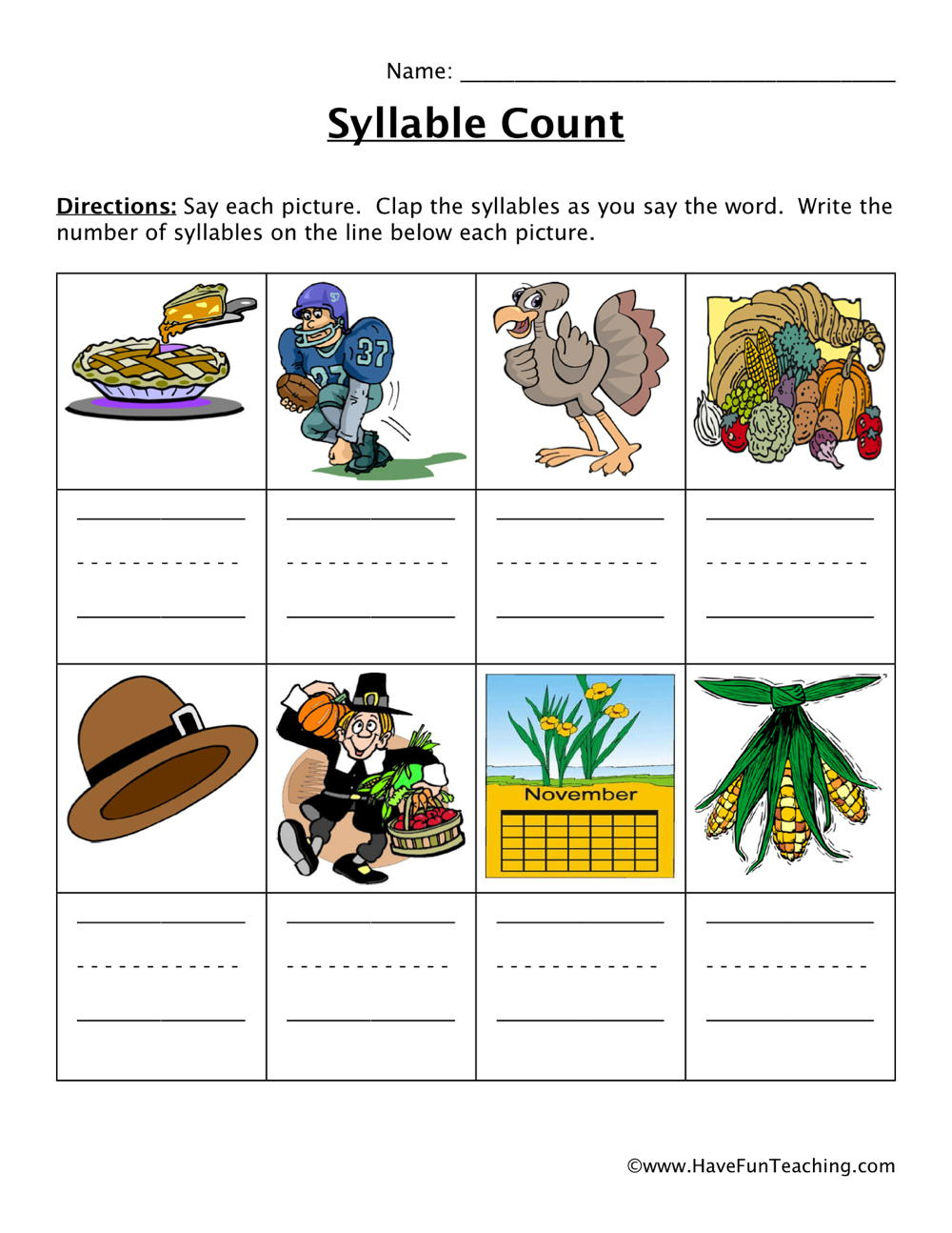 Thanksgiving Syllables Worksheet - Have Fun Teaching inside Thanksgiving Syllable Worksheets