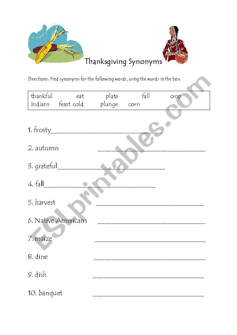 Thanksgiving Synonyms - Esl Worksheetsteveheintz in Thanksgiving Synonyms Worksheet