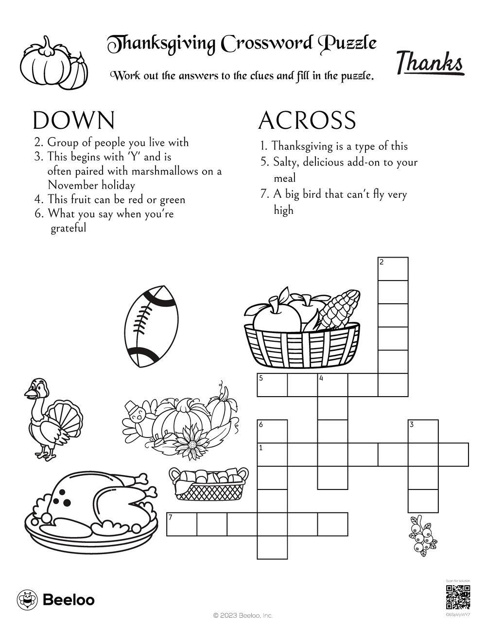 Thanksgiving-Themed Crossword Puzzles • Beeloo Printable Crafts with Thanksgiving Crossword Puzzle Worksheet