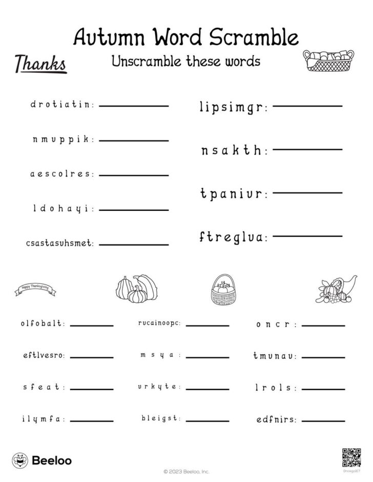 Unscramble Thanksgiving Words Worksheet
