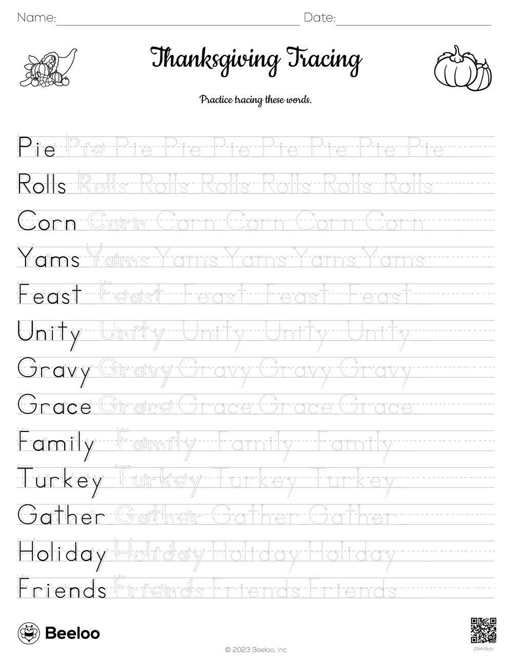 Thanksgiving-Themed Word Tracing Worksheets • Beeloo Printable for Thanksgiving Tracing Worksheets