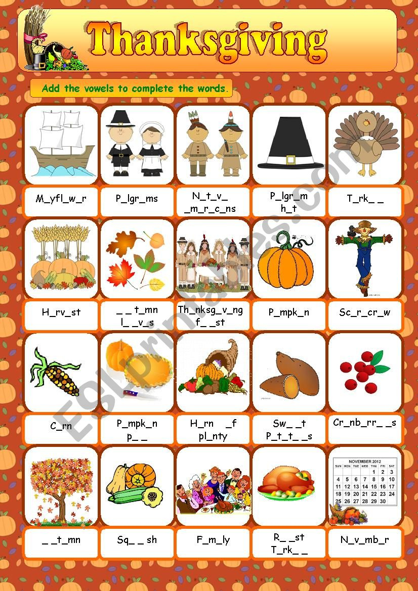 Thanksgiving Vocabulary - Esl Worksheetanna P throughout Thanksgiving Vocabulary Worksheet