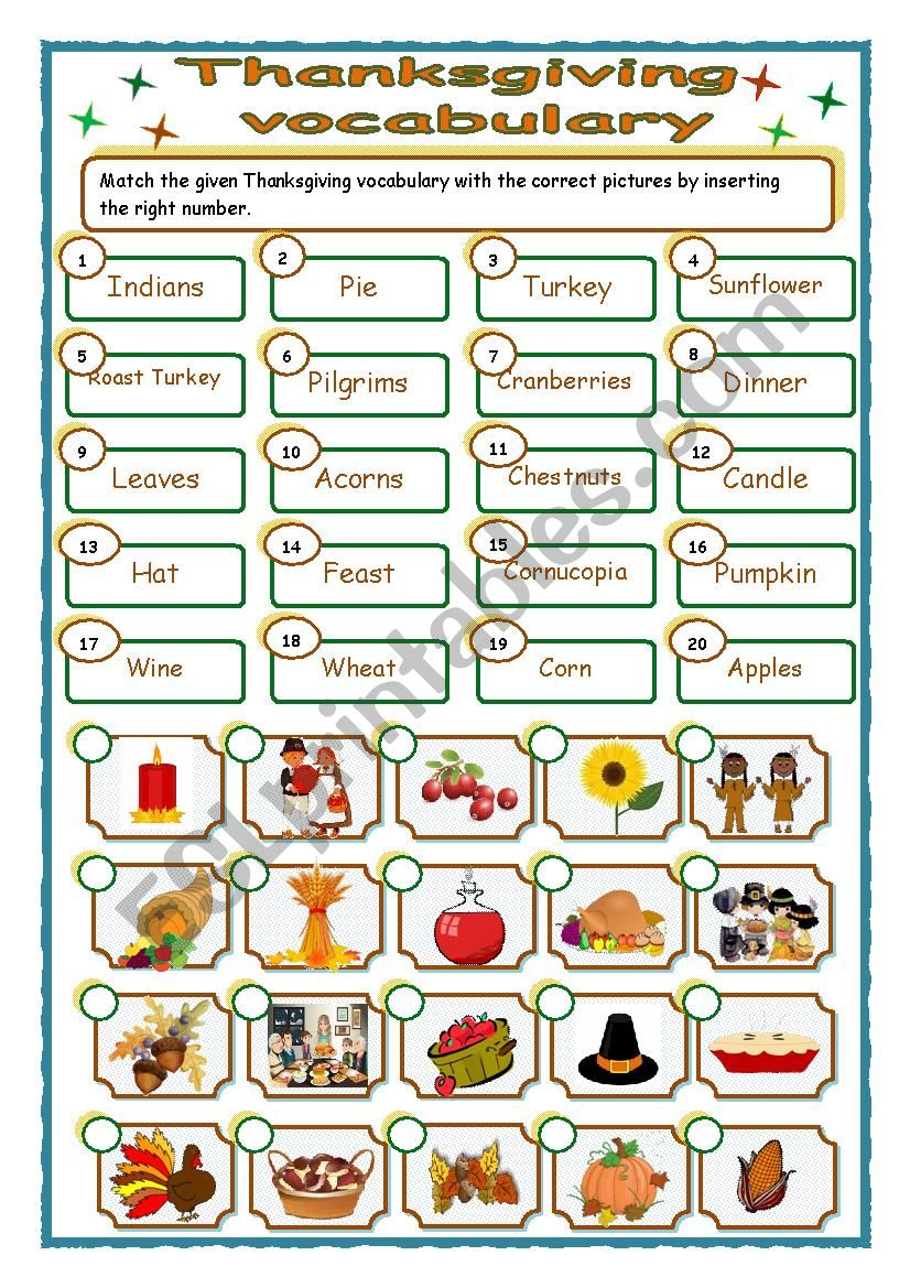 Thanksgiving - Vocabulary - Matching - Esl Worksheetmarãlia Gomes throughout Thanksgiving Matching Worksheet