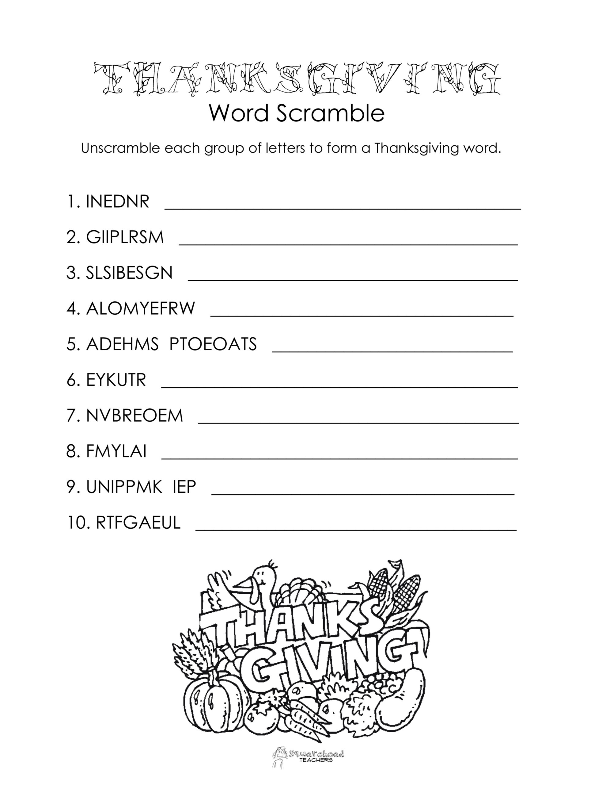 Thanksgiving Word Scramble (Free Worksheet) | Squarehead Teachers in Thanksgiving Word Scramble Worksheet