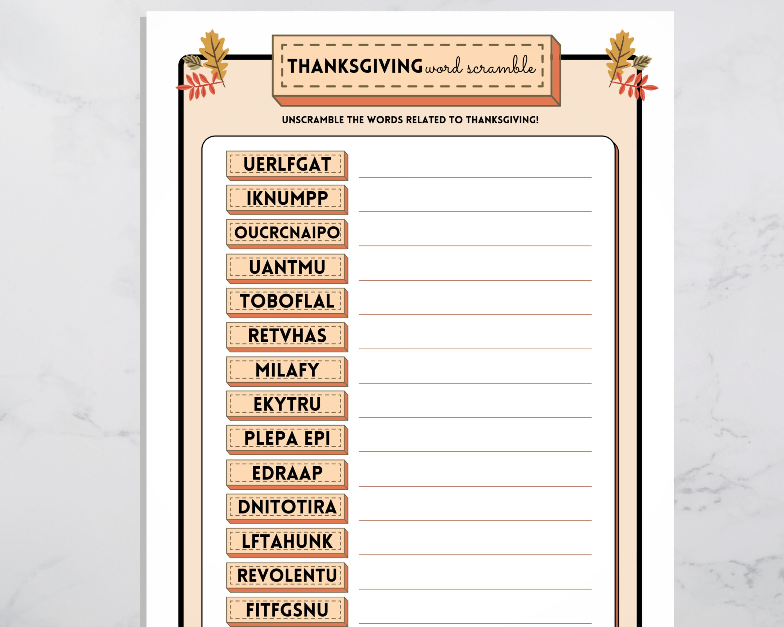 Thanksgiving Word Scramble Game: Printable Party Activity (Digital regarding Unscramble Thanksgiving Words Worksheet