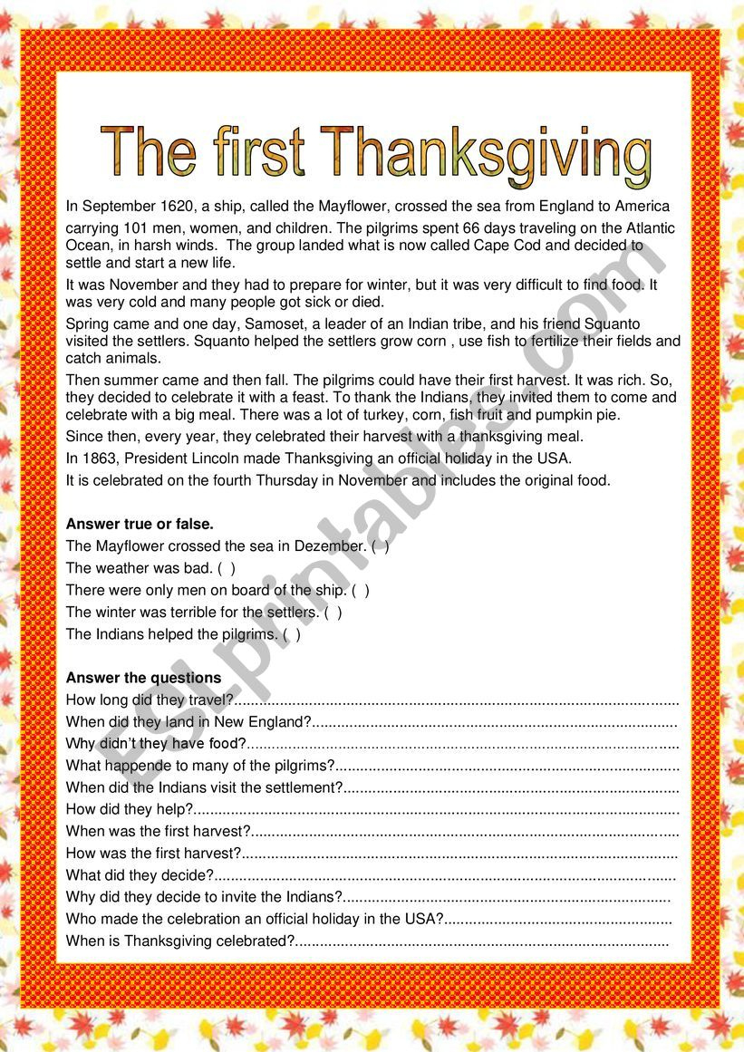 The First Thanksgiving - Esl Worksheets.lefevre throughout The First Thanksgiving Worksheet Answers
