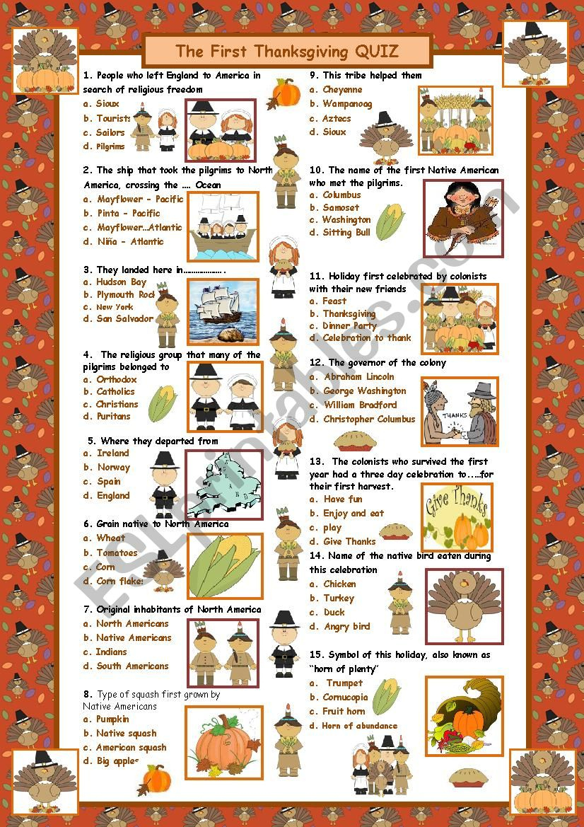 The First Thanksgiving Quiz (With Answers) - Esl Worksheetmaguyre in The History of Thanksgiving Worksheet Answers