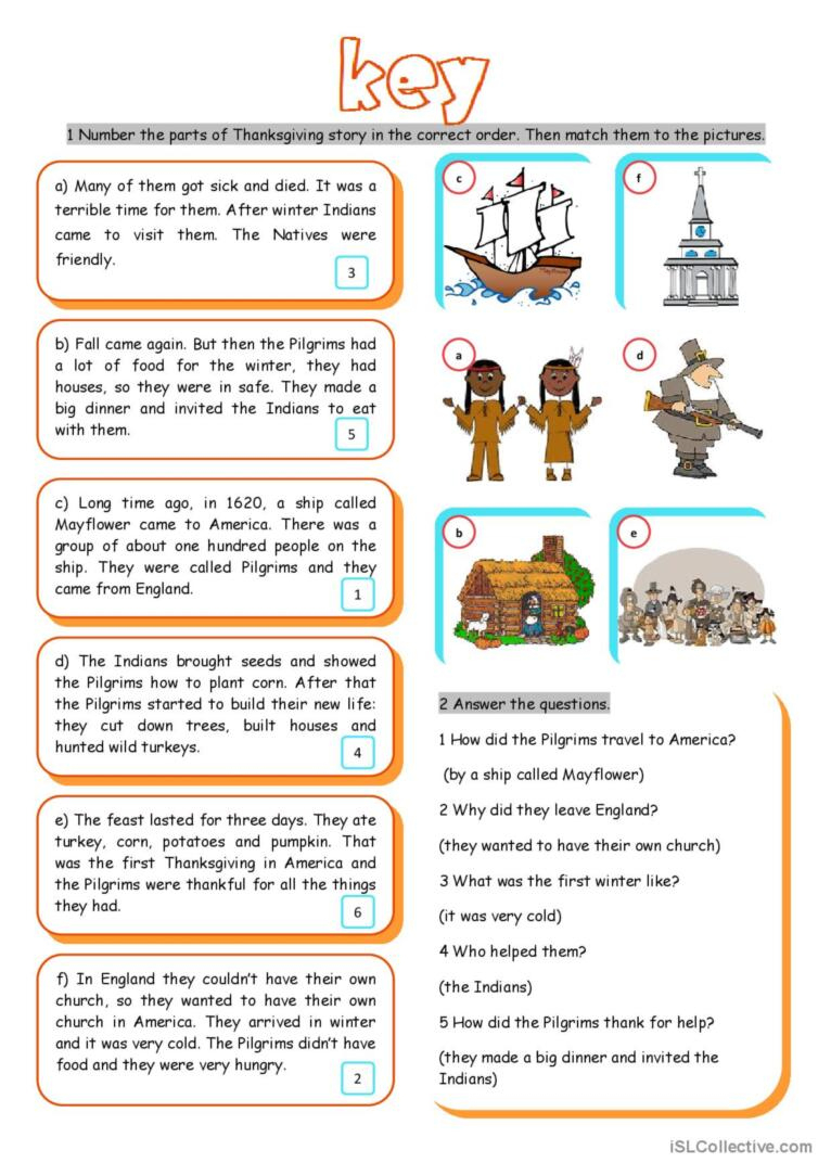 The First Thanksgiving Reading For D…: English Esl Worksheets Pdf throughout First Thanksgiving Reading Comprehension Worksheet