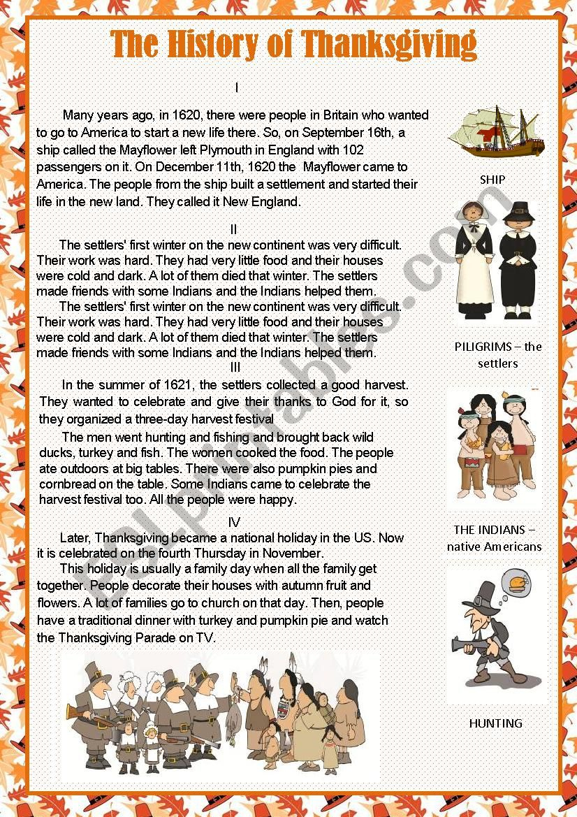 The History Of Thanksgiving - Esl Worksheetlediti inside History Of Thanksgiving Reading Comprehension Worksheets