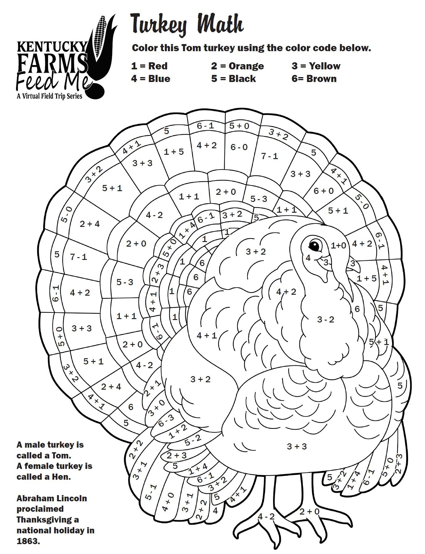 Turkey Colornumber Worksheets — #Teachkyag inside Thanksgiving Turkey Math Worksheet