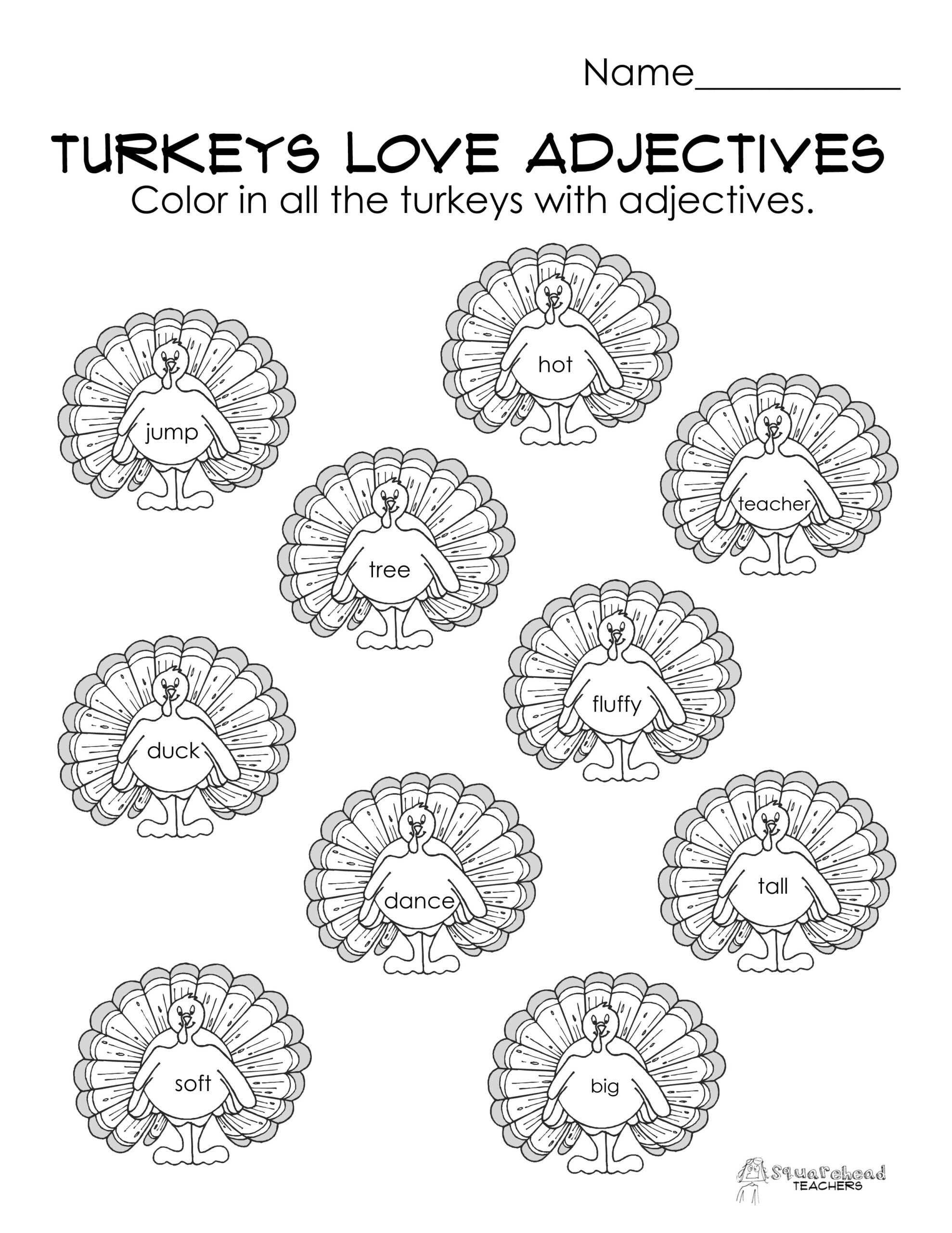 Turkeys Love Adjectives (Free Parts Of Speech Worksheet inside Thanksgiving Adjectives Worksheet
