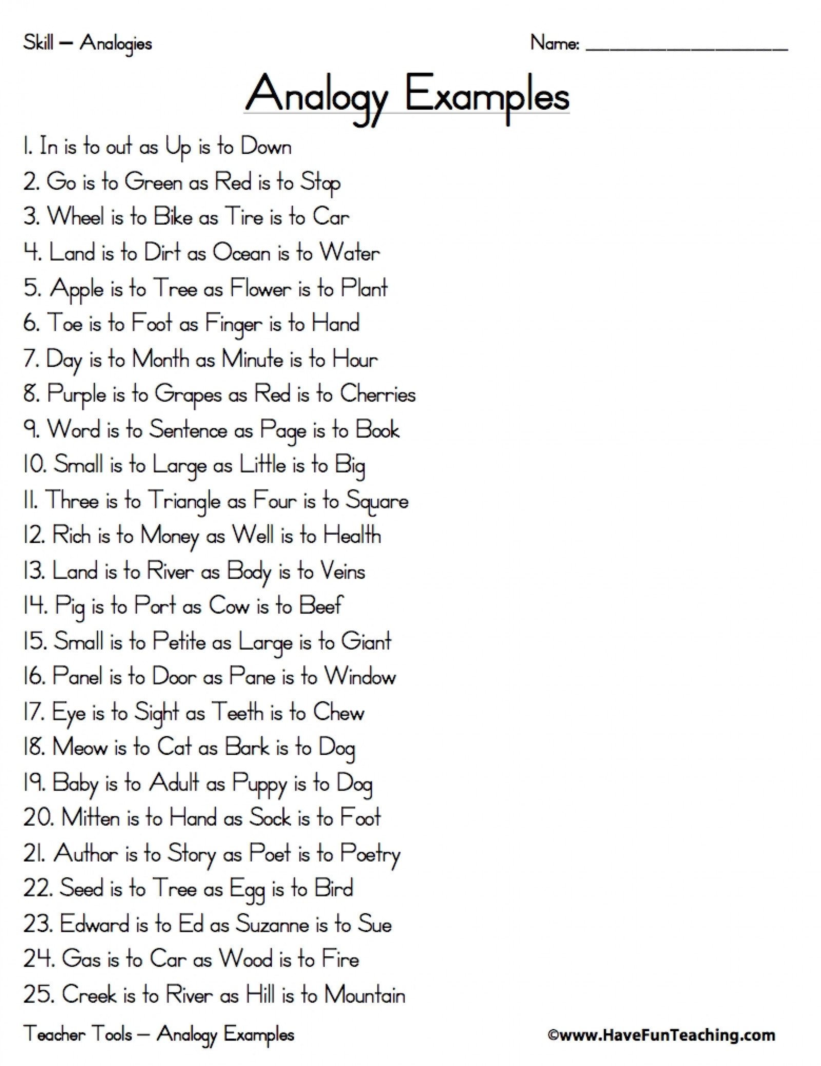 Worksheet: Examples Of Analogies | Lovetoteach within Thanksgiving Analogies Worksheet Answer Key