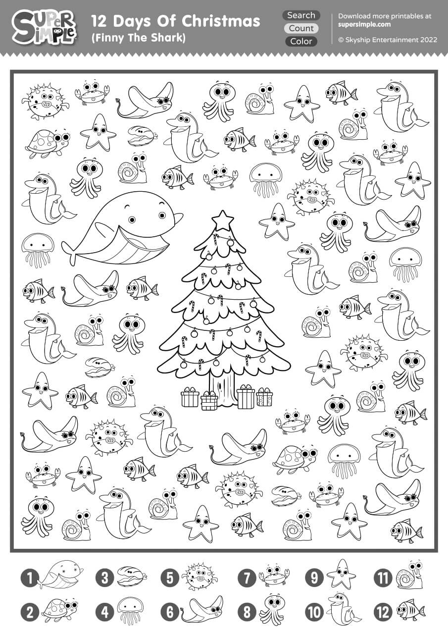 12 Days Of Christmas (Finny The Shark) - Search, Count, &amp;amp; Color throughout The Twelve Days of Christmas Worksheets
