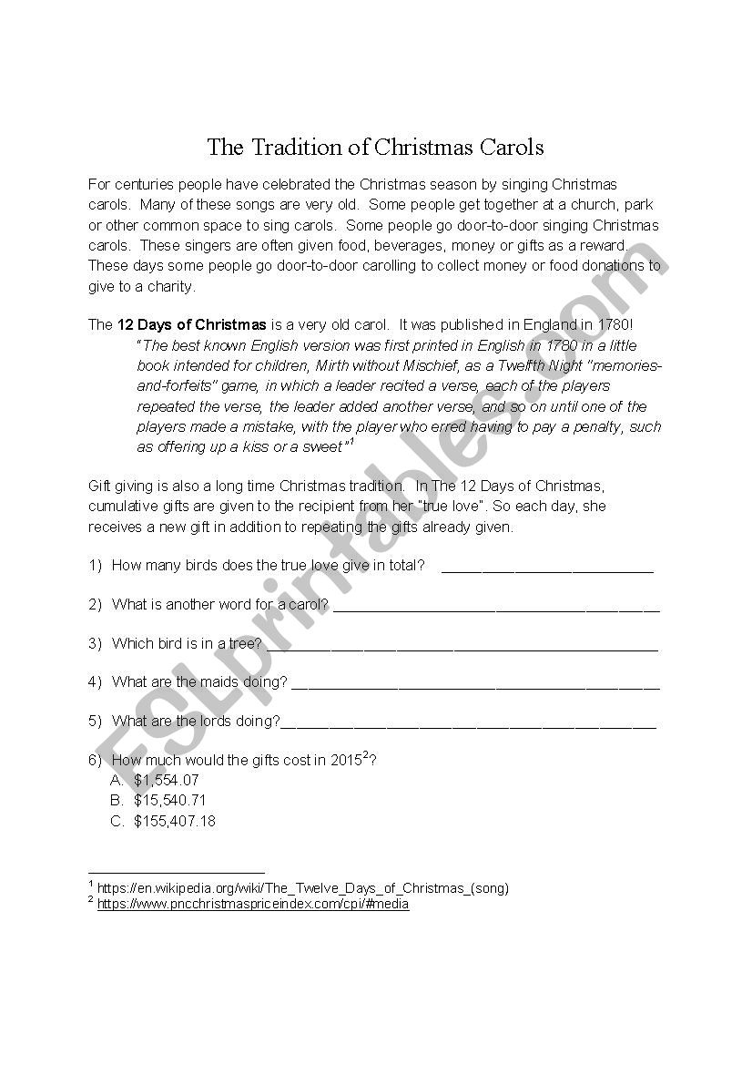 12 Days Of Christmas (History And Worksheet) - Esl Worksheet intended for 12 Days of Christmas Cost Worksheets